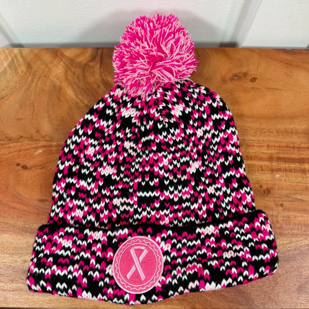 Support the Cure Pink Ribbon Pom Pom Beanie Hat One Size Fits Most